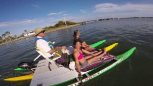 Three people sitting on a boat