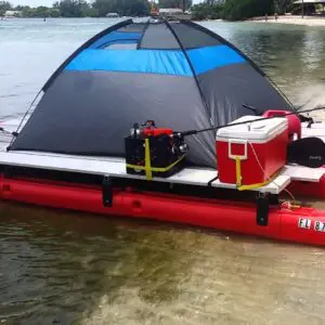 A gray boat tent on a red modular boat system