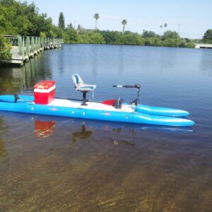 A blue modular kayak with a high seat in the middle